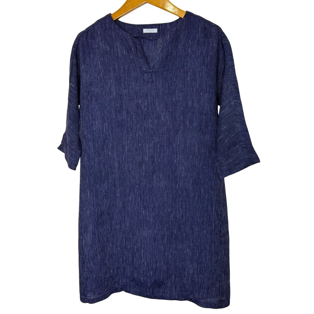Fog Linen Work Linen Tunic Dress Blue/White Mini Stripes